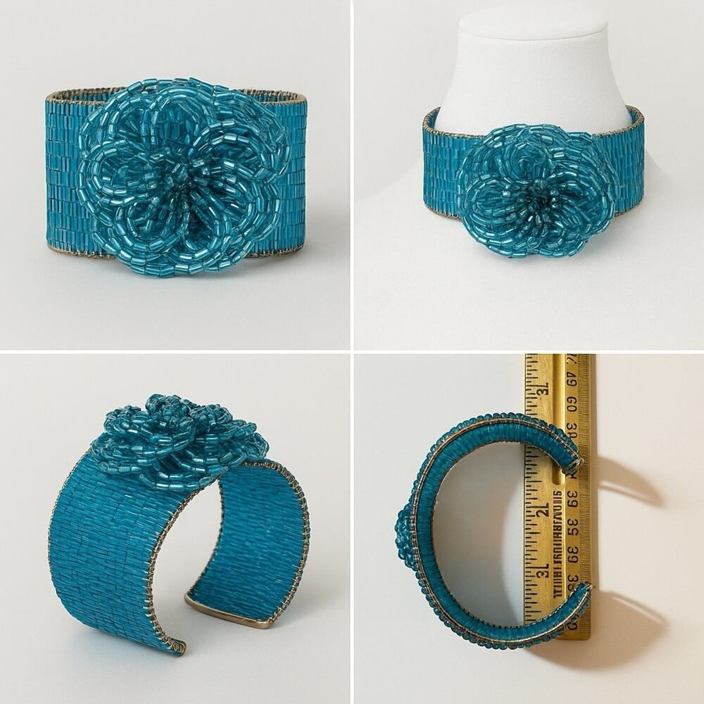 Vintage Turquoise Beaded Flower Cuff Bracelet Wide Wire Wrapped Statement - Picture 2 of 6